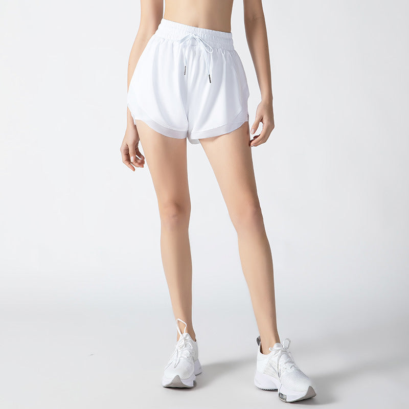 Sports Shorts Women Fake Two-piece Fitness Pants Mesh Lace Yoga Clothes Three-quarter Pants