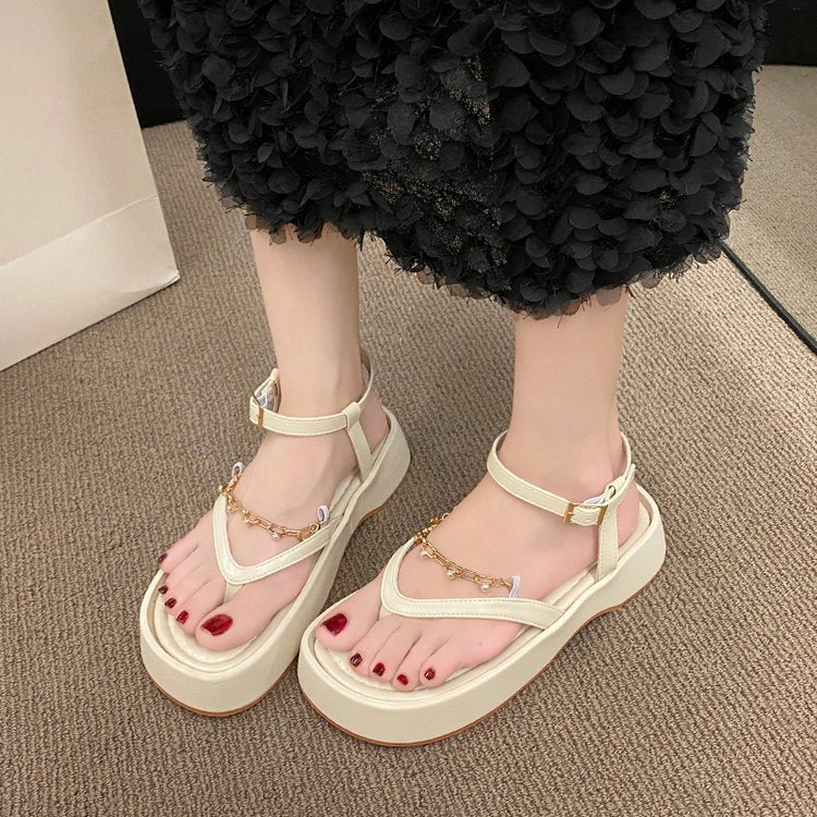 Summer Design Chain Sandals For Women Vintage Pearl Toeless Shoes