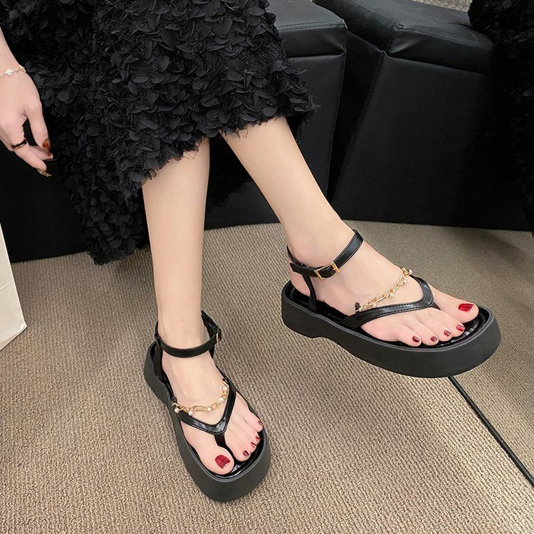 Summer Design Chain Sandals For Women Vintage Pearl Toeless Shoes